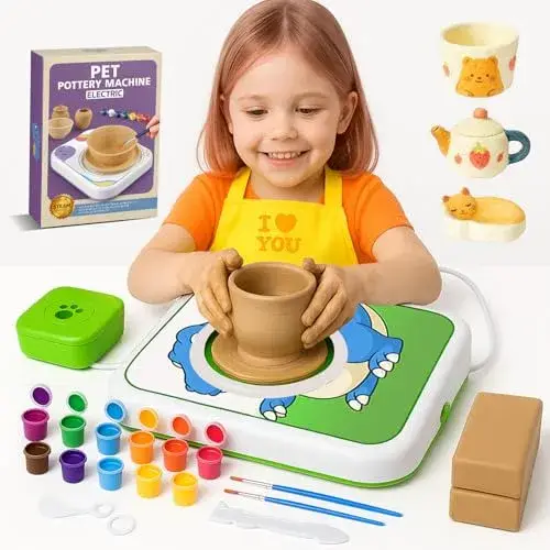 ROHSCE Pottery Wheel for Kids, Dinosaur Theme Pottery Studio Kit, Arts and Crafts for Boys and Girls Ages 5-12, Creative Holiday Gift with Non-Toxic Clay