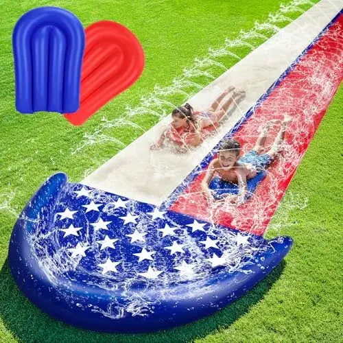 TOY Life Giant American Flag Water Slides for Kids 20FT Waterslide Backyards Lawn with 2 Bodyboards 2 Lane Slip Splash and Slide Summer Toys with Built-in Sprinkler for Backyard Outdoor Water Toys Fun