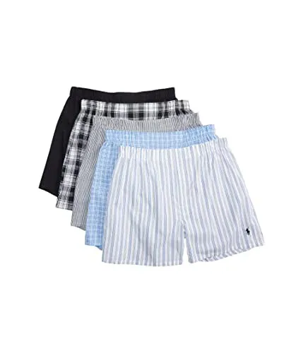 POLO RALPH LAUREN 5 Pack Classic Fit Woven Boxer Polo Black/Bengal Stripe/Stockton Plaid/Cannes/Jarvis Stripe LG