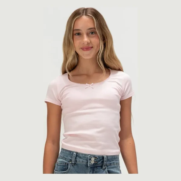 FULL TILT Essentials Girls Bow Trim Tee - LIGHT PINK