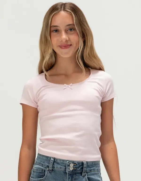 FULL TILT Essentials Girls Bow Trim Tee - LIGHT PINK