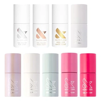 Olive & June Bestsellers Gel Polish Set | UV LED Nail Lamp Needed | Includes 6 Shades (HD, KMC, Pink Goldfish, Icing Is The Best Part, Prom, XOXO) + Gel Top Coat & Base Coat & Peel-Off Base HEMA-Free