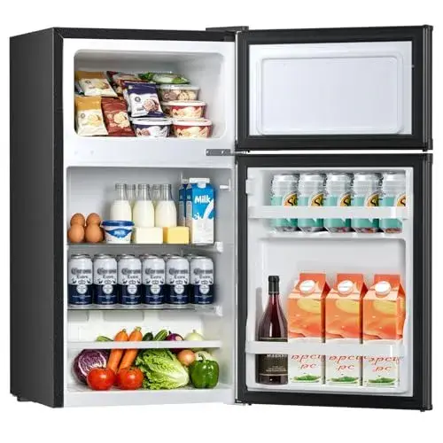 Kismile 2.5 Cu.Ft Mini Fridge with Freezer, Double Door Compact Refrigerator, 3-Level Mechanical Thermostat, Reversible Door&Removable Shelves, Quiet Fridge Ideal for Office, Apartment, Dorm, Black