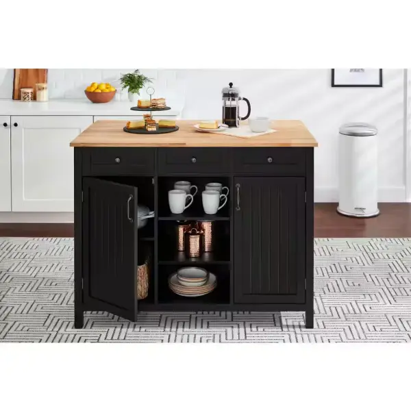 StyleWell Bainport Black Wooden Kitchen Island with Natural Butcher Block Top and Storage (48" W) SK19238Dr1-B - The Home Depot