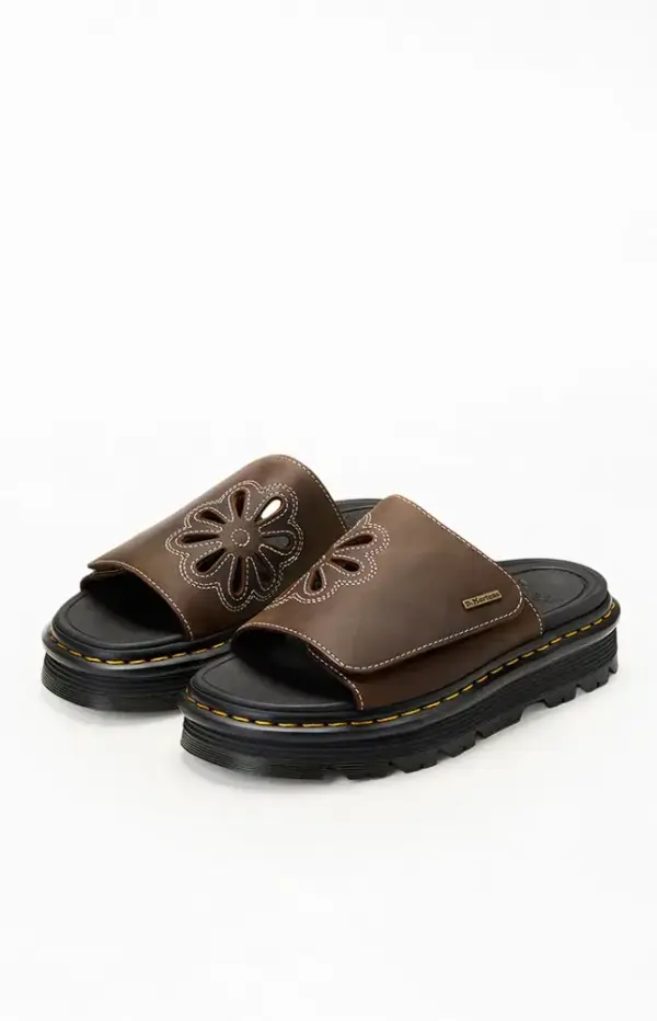 Women's Brown Leather Zebzag Flower Slide Sandals