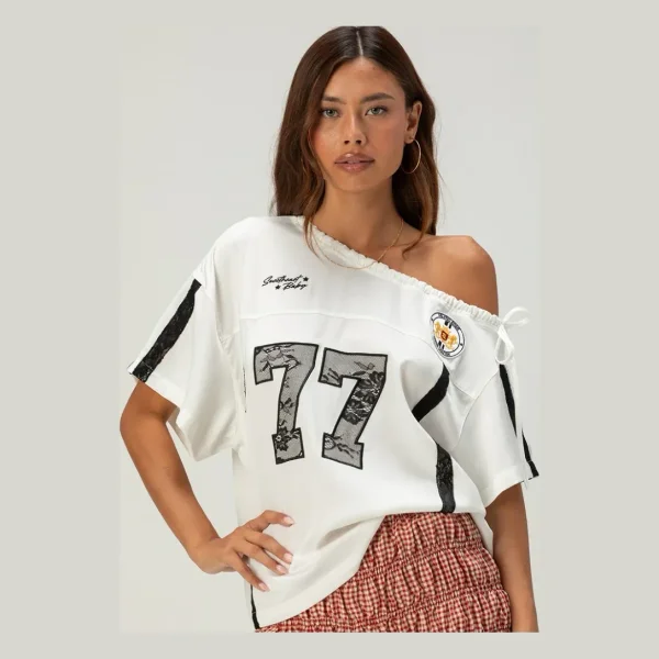 AELFRIC EDEN Lace Patchwork Womens Oversized Off The Shoulder Jersey - WHITE