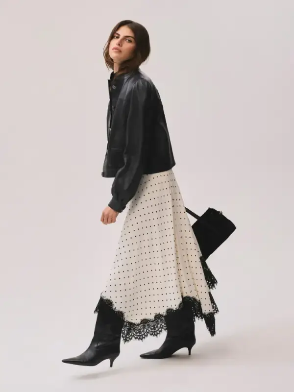 Mint Velvet Cream Polka Dot Lace Trim Midi Skirt
