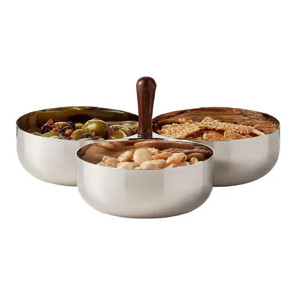 Kalman Polished Stainless Steel and Walnut Wood Serving Bowl Trio