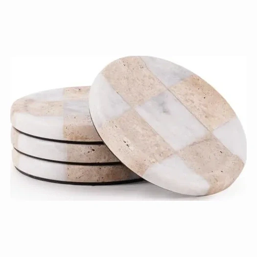 EarthenTones Marble Coasters Set of 4, Travertine & White Handmade 4 inch Round Checkered Stone Coaster, Drink Coaster Plates for Living Room, Trendy Office Desk Accessories & Home Décor