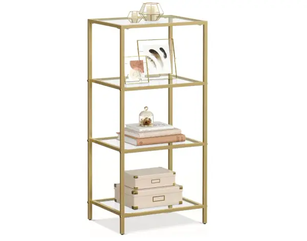 VASAGLE Bookcase, 4-Tier Bookshelf, Slim Shelving Unit for Bedroom, Bathroom, Home Office, Tempered Glass, Steel Frame, Metallic Gold ULGT28G