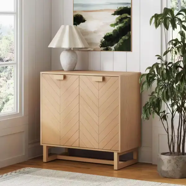 Nathan James Enloe Raw Oak Solid Wood 31 in. Modern Sideboard Accent Cabinet with Freestanding Base 71207 - The Home Depot