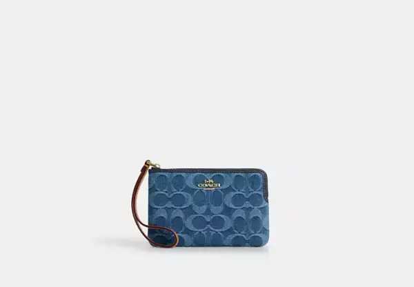 Corner Zip Wristlet In Signature Denim