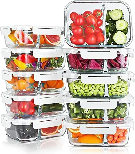 KOMUEE 10 Packs 30oz Glass Meal Prep Containers 2 Compartments,Glass Food Storage Containers with Lids,Airtight Lunch Bento Boxes,Oven,Freezer and Dishwasher Safe, White