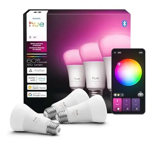 Philips Hue Smart LED A19 Bulb, 3 Pack, White & Color Ambiance, E26 Base, 7.2W, Full Spectrum Light 1000K-20000K, 810 Lumens, Dimmable LED Bulbs, Works with Alexa, Google & Apple Home