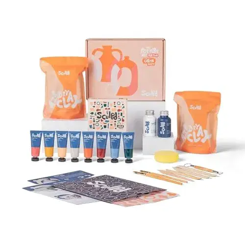 Sculpd - The Original Pottery Kit for Adults - Includes Air Dry Clay for Adults, Sculpting Tools, Varnish, Paint Brushes, Guides, Couples Date Night Arts & Crafts Set, Gloss Varnish with Earth Tones