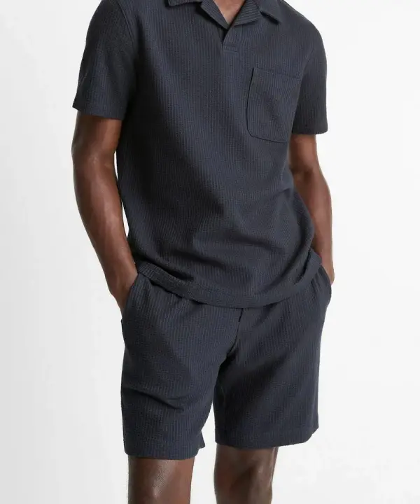 Seersucker Knit Stretch Cotton Short Sleeve Johnny Collar Shirt