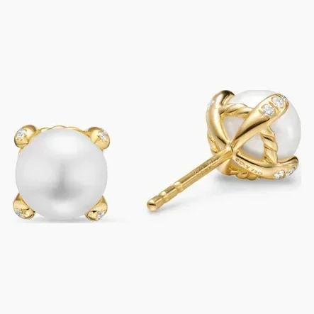 Pearl Classics Stud Earrings in 18K Yellow Gold and Diamonds, 6.6mm