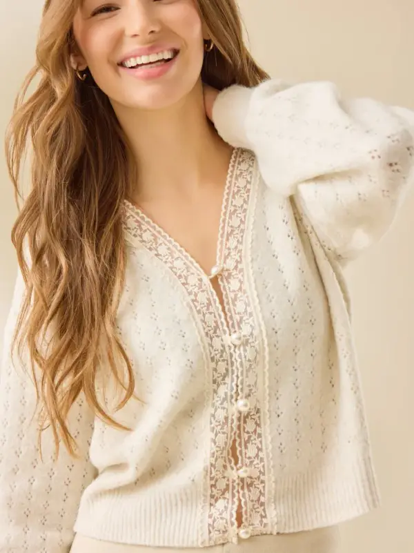 Alayah Pointelle Lace Trim Cardigan