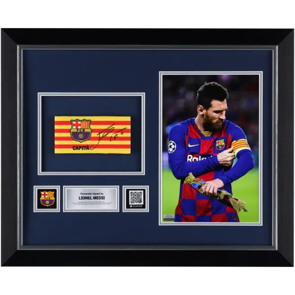 Lionel Messi Barcelona Autographed Fanatics Authentic Framed Captain's Armband and Photograph
