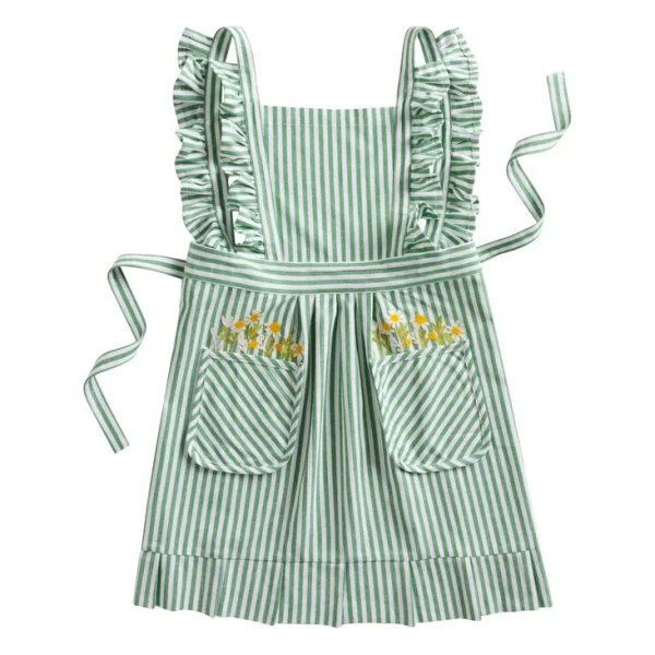 Green and White Stripe Ruffle Floral Embroidered Apron