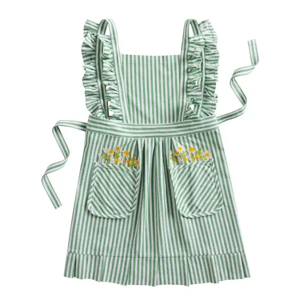 Green and White Stripe Ruffle Floral Embroidered Apron