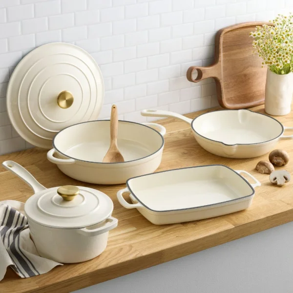 Ivory and Black Rim Enamel Cast Iron Cookware Collection