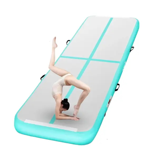 FBSPORT 10ft Inflatable Air Gymnastics Mat Training Mats 4 inches Thickness Gymnastics Tracks for Home Use/Training/Cheerleading/Yoga/Water with Pump light green