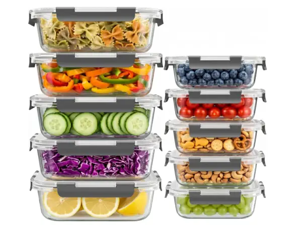 Dealusy 10 Sets (20-Piece) 36 oz & 12 oz Glass Food Storage Containers with lids, Airtight Leak-proof Glass Meal Prep Containers with Lids, Microwave Oven Freezer Dishwasher Safe, Gray