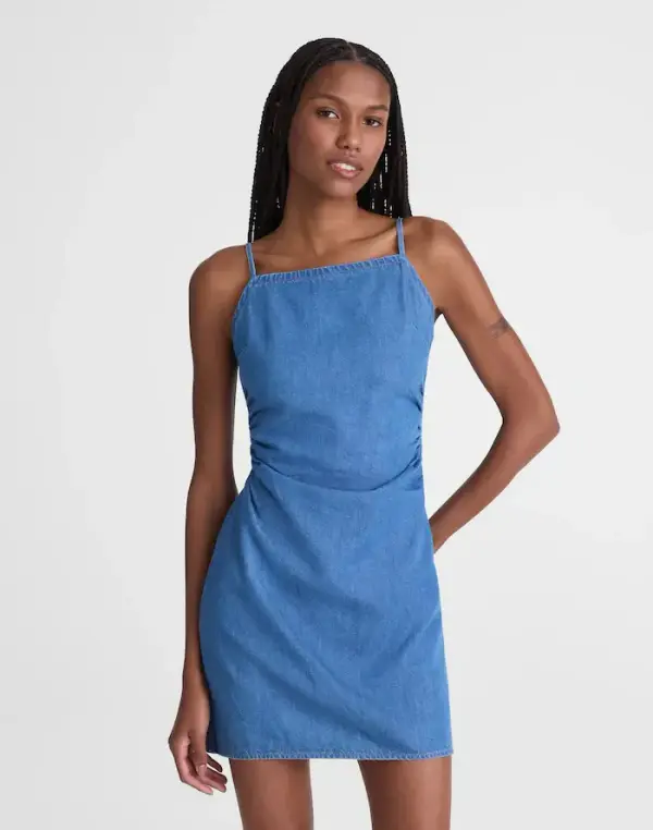 Denim Ruched Squareneck Mini Dress
