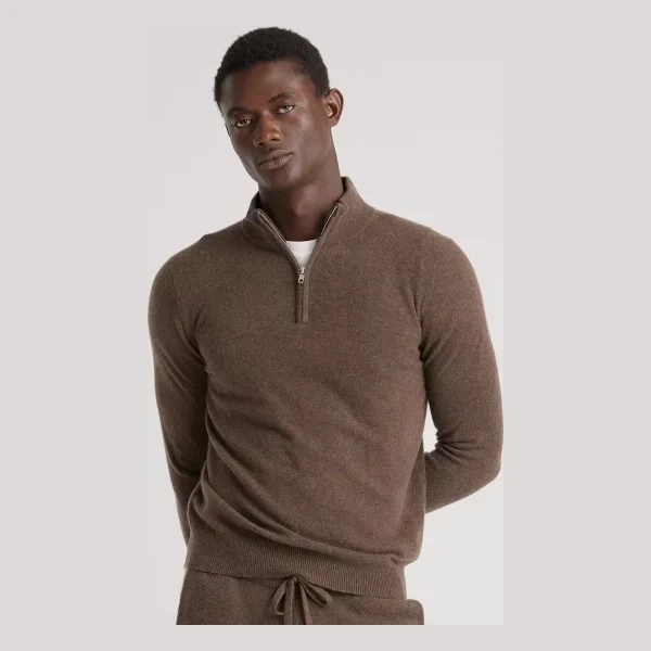 Mongolian Cashmere Quarter Zip Sweater in Brown