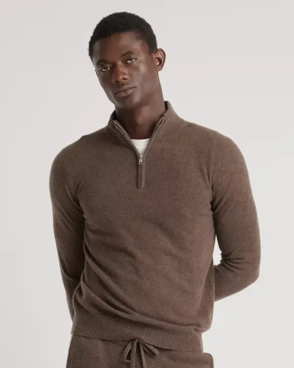 Mongolian Cashmere Quarter Zip Sweater in Brown