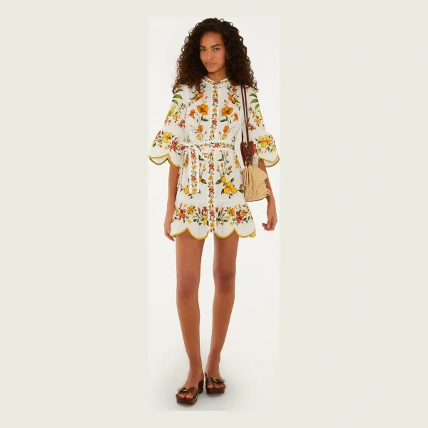 Off-White Lemon Bouquet Belted Puff Sleeve Mini Dress