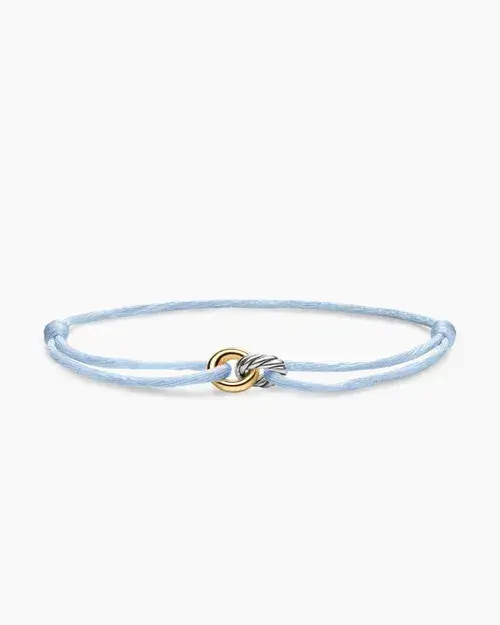 Sculpted Cable Linked Cord Bracelet in Green Nylon with Sterling Silver and 14K Yellow Gold, 8.7mm