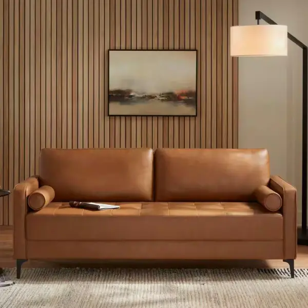 StyleWell Goodwin 75.6 in. Square Arm Faux Leather Mid-Century Modern Sofa with Bolster Pillows in Caramel Brown 113A007CML - The Home Depot