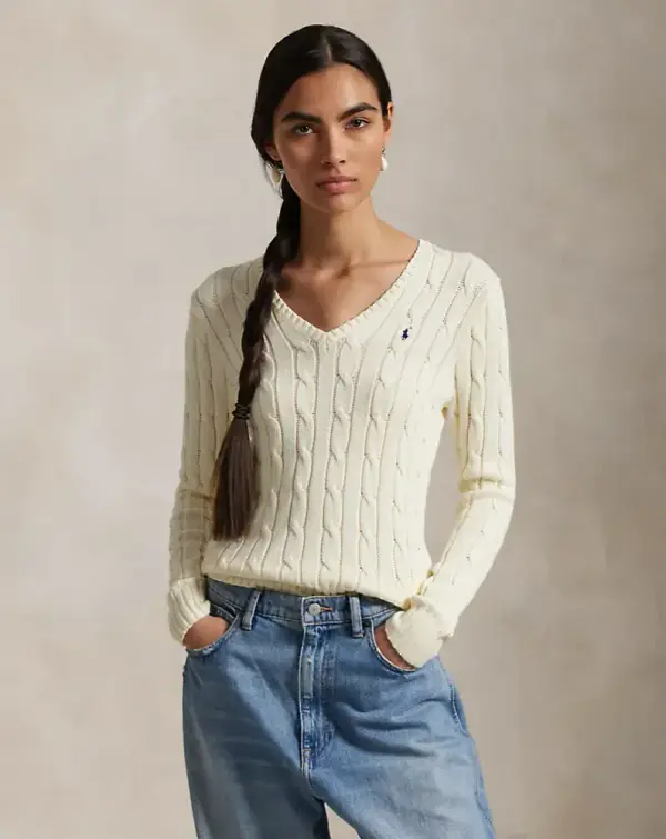 Cable-Knit Cotton V-Neck Sweater