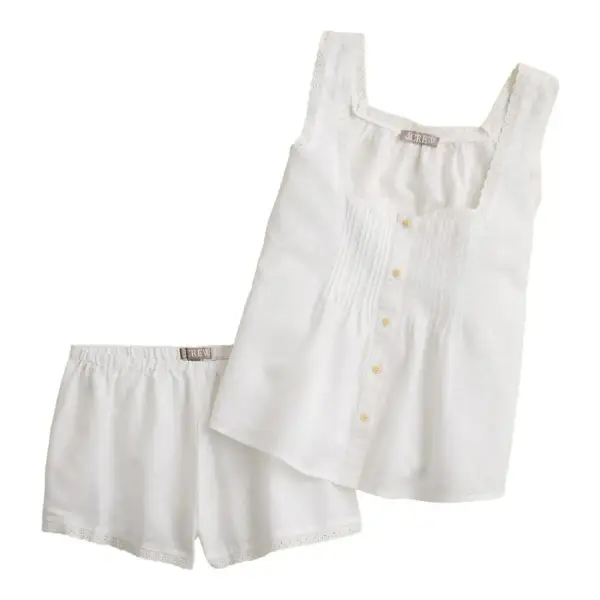 Lace-Trim Camisole and Pajama Short Set in Linen-Cotton Blend
