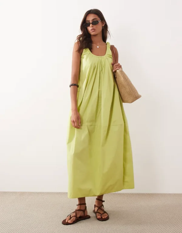 ASOS DESIGN poplin ruched scoop neck midaxi sundress in pistachio green