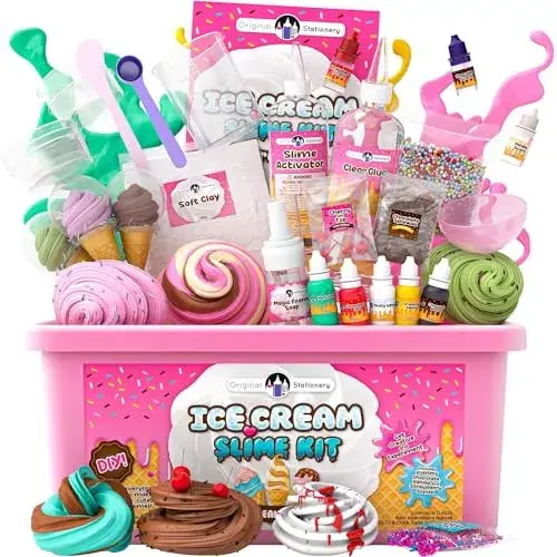Original Stationery Ice Cream Slime Kit for Girls, DIY Cherry-Scented Slime Making Set with 31 Pieces, Fun Arts and Crafts for Kids Ages 8–12, Easter and Birthday Gift
