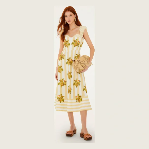 Yellow Lemon Birds Sweetheart Neck Midi Dress