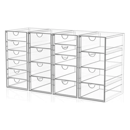 YFXCVSL Acrylic Makeup Organizer with 19 Drawers, 4 Pack Clear Storage Drawers, Bathroom Makeup Organizer for Palettes, Cosmetic, and Beauty Supplies,Ideal for Vanity, Cabinet,Desk Organization