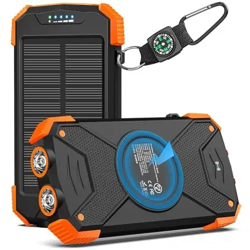 BLAVOR Solar Power Bank 10,000mAh, Portable Wireless Charger, 20W Fast Charging External Battery Pack with USB C for Cell Phones, Solar Panel Charging with Dual Flashlight for Camping