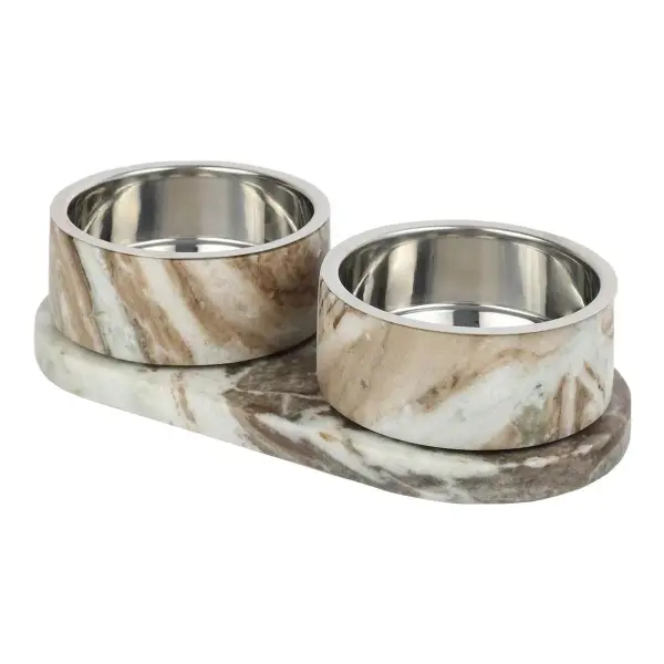 Marbre Modern Weighted Double Marble and Stainless Steel Bowl Feeder with Non-Slip Marble Tray Set