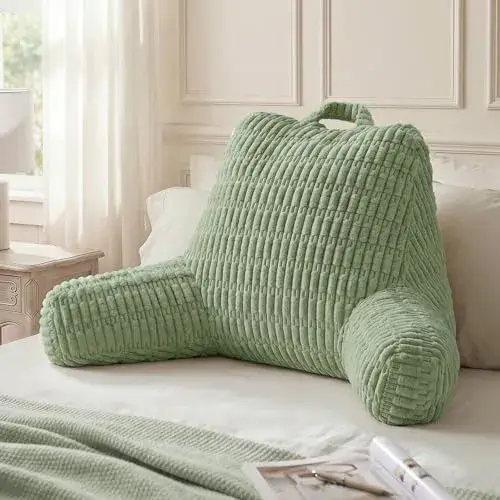 Blissful Diary Reading Pillow, Backrest Pillow with Shredded Memory Foam for Adult & Children, Designed for Bed and Couch Sitting Up, Includes Arms, Pockets and Washable Cover, Sage Green