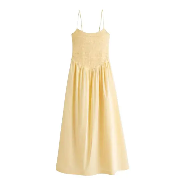 Dipped-Waist Smocked Midi Dress