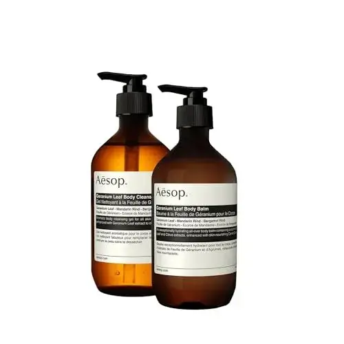 Aesop Geranium Leaf Body Cleanser & Balm Set | Citrus & Fresh Duo to Cleanse and Hydrate Skin | Geranium Leaf, Mandarin Rind, Bergamot Rind | 16.9 oz / 500mL (Set of 2)