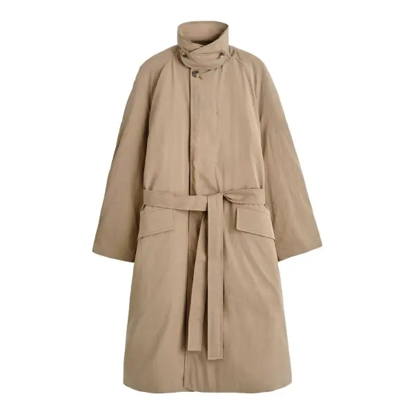 Padded Belted Funnel-Neck Long Coat