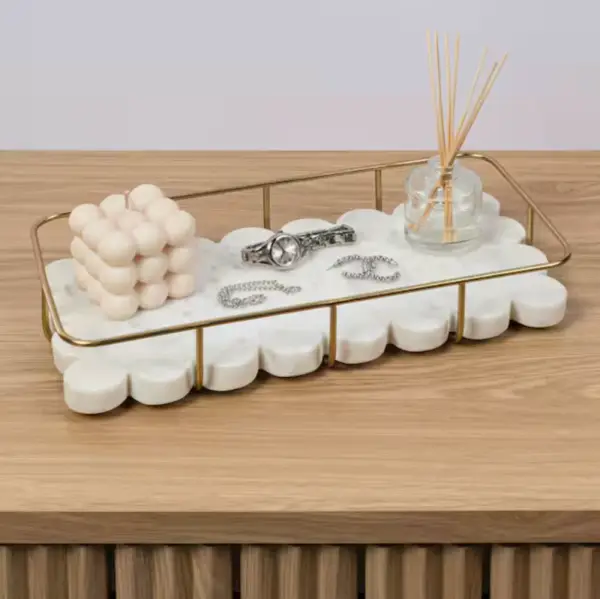 happimess Monarch 12 in. x 6 in. Modern Industrial Metal/Marble Scalloped Base Vanity Tray, White/Gold TRY4000C - The Home Depot