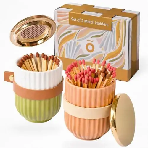 NÜKIÕ Ceramic Match Holder Set of 2 with Striker – Decorative Match Holder Cloche with Lid – Premium Ribbed Storage for Home, Bathroom & Candle Decor – Matches Not Included