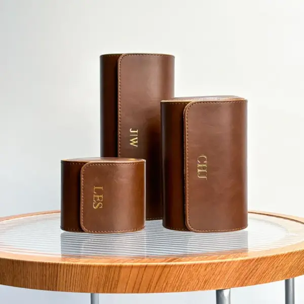 Personalized Brown Vegan Leather Watch Roll | 1-Slot Travel Watch Case | Wedding Groomsmen Gifts | Jewelry Box for Men | Father's Day Gifts