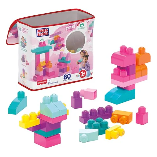 MEGA BLOKS First Builders Toddler Blocks Toys Set, Big Building Bag Collection with 80 Pieces and Storage, Pink, Ages 1+ Years